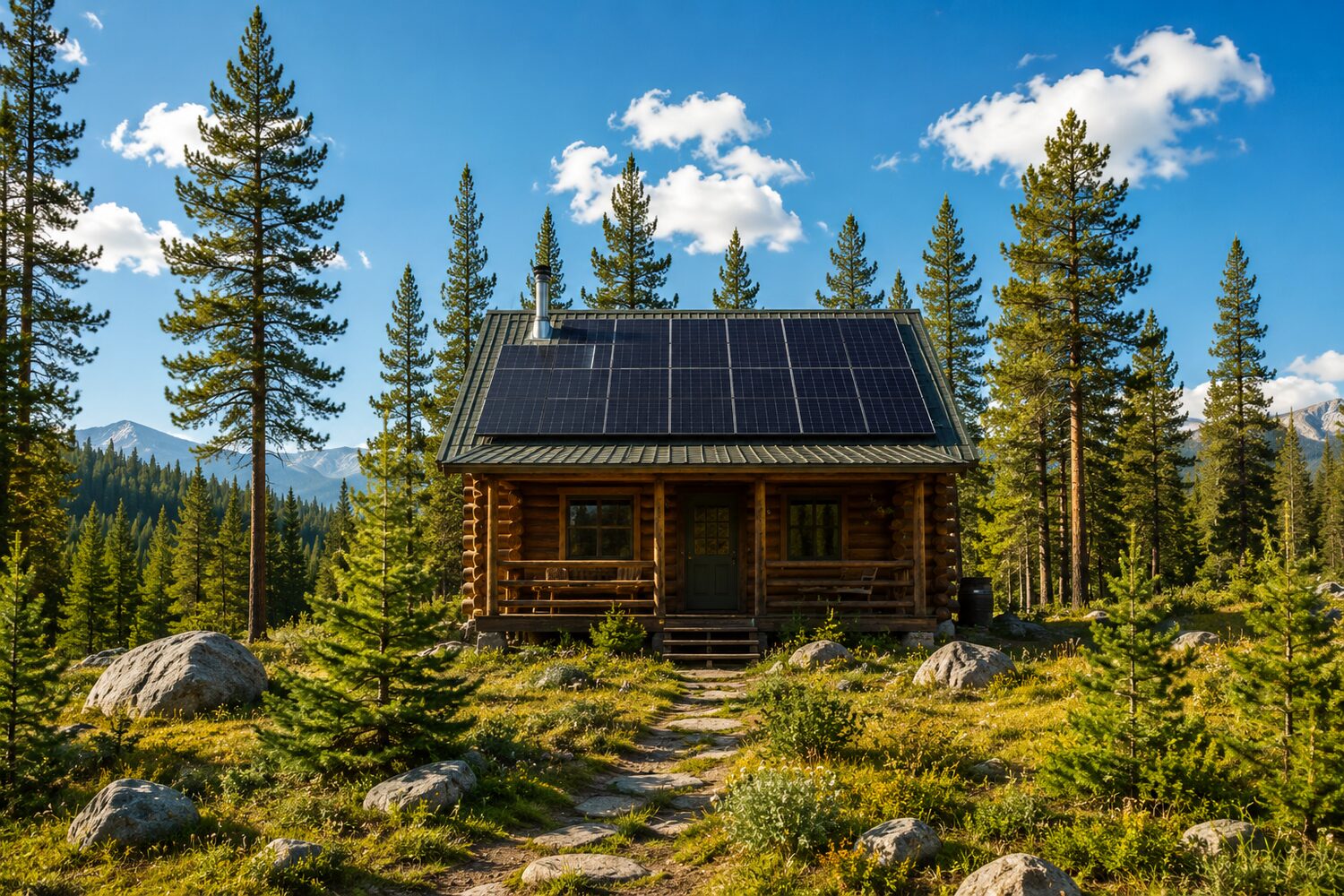 Off-grid cabin with rooftop solar under a blue sky