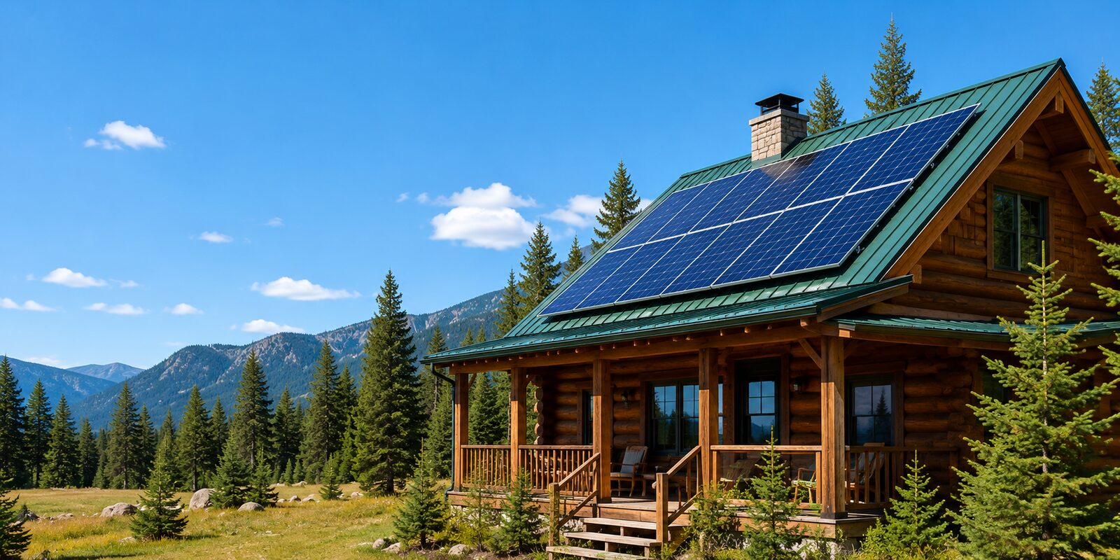 Off-grid cabin with rooftop solar in the mountains