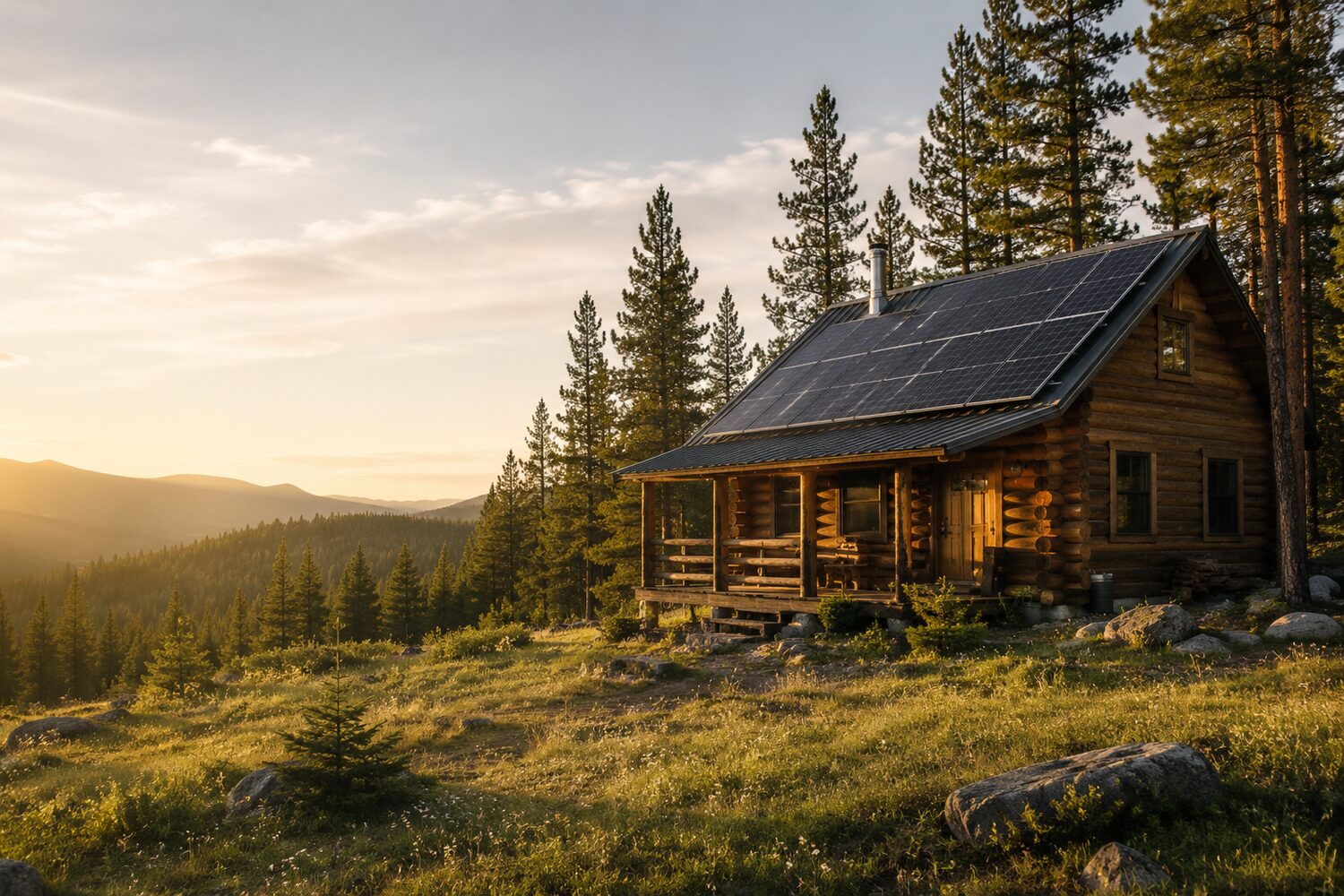Off-grid log cabin with rooftop solar panels at golden hour in a mountain forest