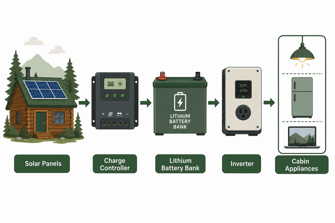 Diagram: solar panels to charge controller to lithium battery bank to inverter to cabin appliances