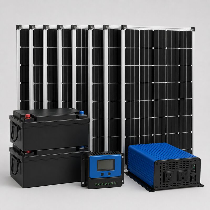 Complete off-grid cabin solar system with panels, lithium batteries, charge controller, and inverter