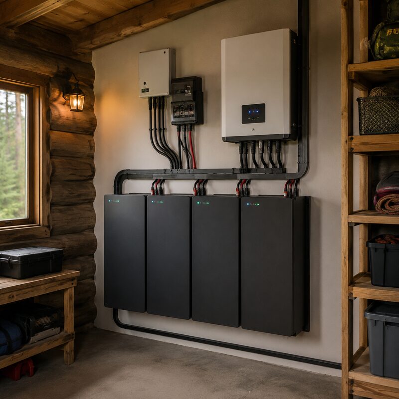Lithium battery bank mounted on a cabin wall