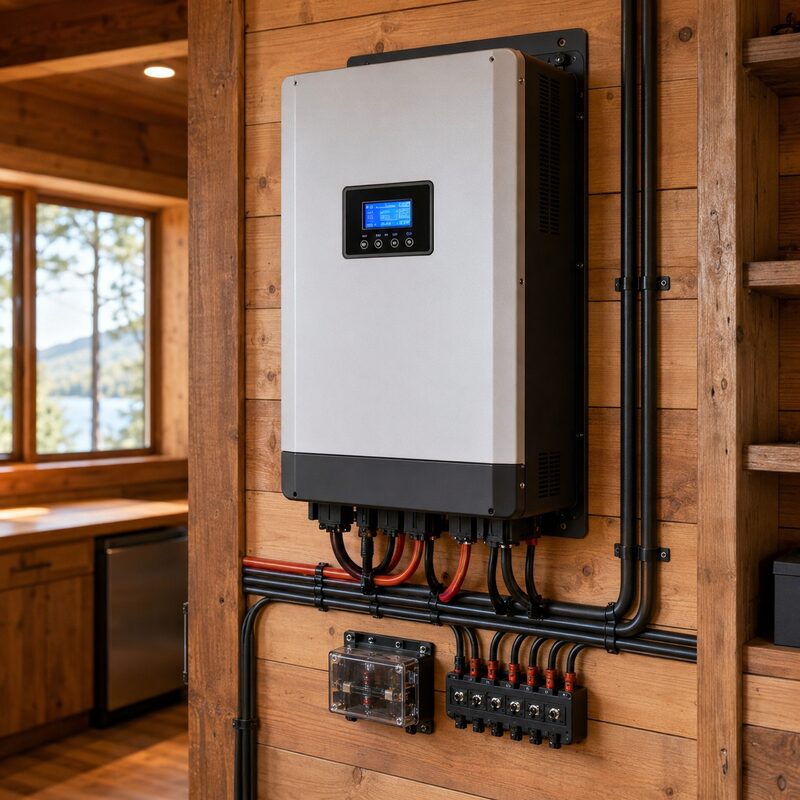 Pure sine wave inverter mounted on a cabin wall