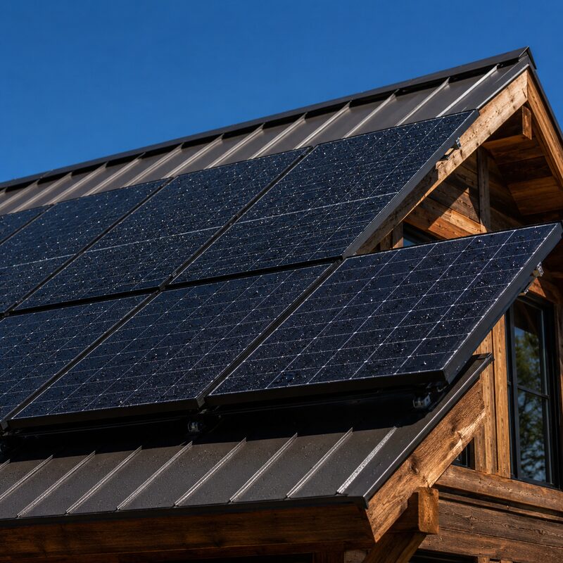 Black monocrystalline solar panels on a cabin roof